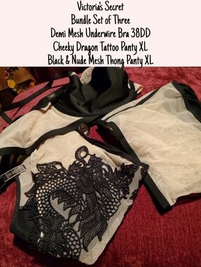 Victoria's Secret Black & Nude Bra, Panty & Thong Three Piece Set